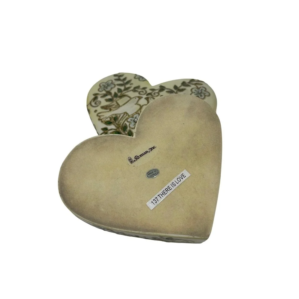 Roman Inc Heart Musical Jewelry Box Doves Floral Ceramic Cloisonné Vintage Works